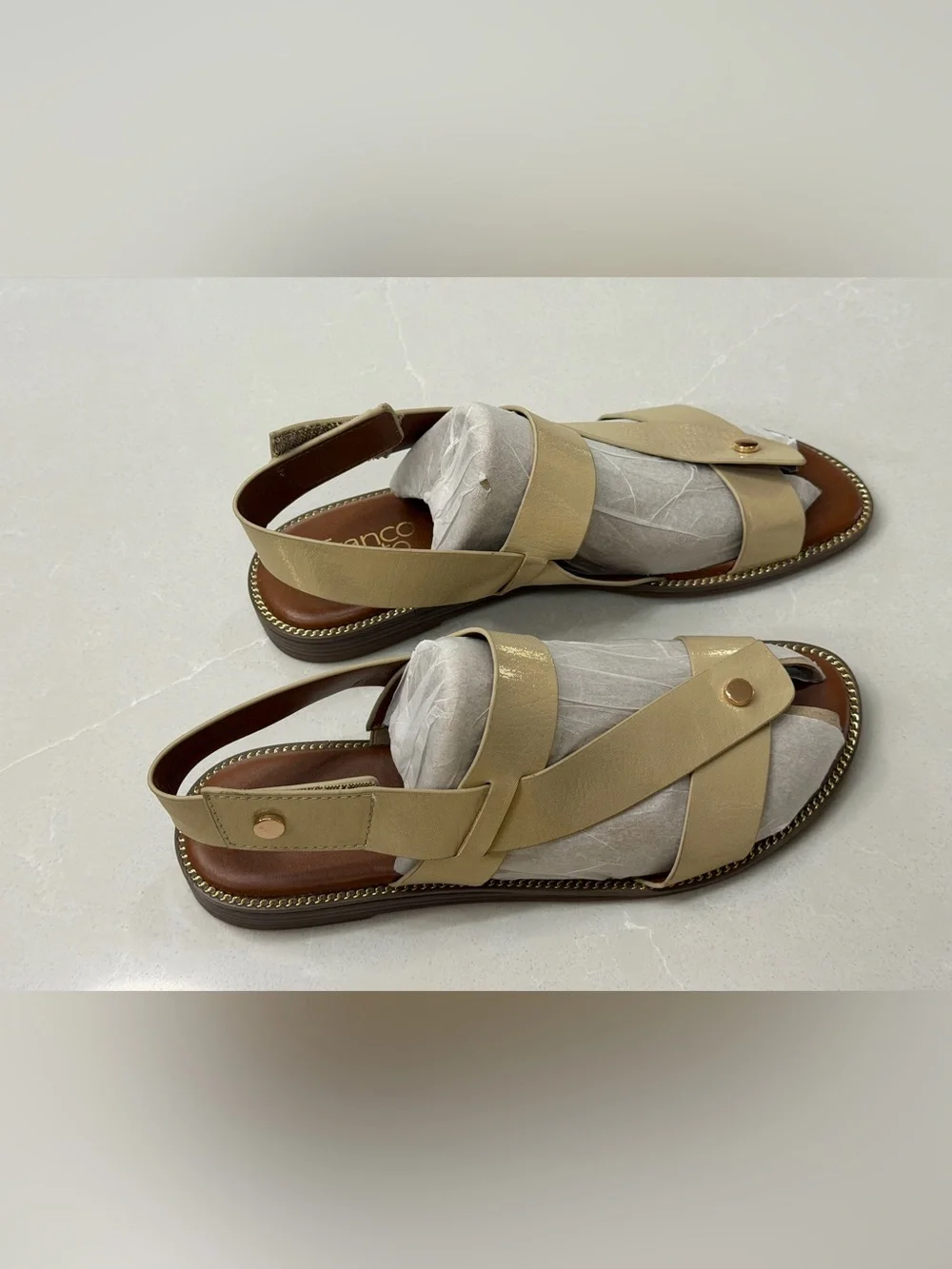 Franco Sarto Glenni Sparkle Cream Strappy Ankle Strap Flat Gold Hardware, 8